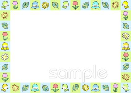 老人ホームやデイサービス向け小鳥 花 葉っぱ 飾り枠無料イラストお試しフリー素材(カット)
