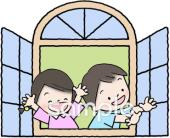 保健室向け窓 手を振る無料イラストお試しフリー素材(カット)