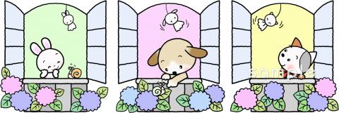 小学校向けあじさい 窓辺無料イラストお試しフリー素材(カット)