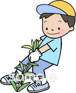 公民館・市役所・町村役場のための男の子 草引き無料イラストお試しフリー素材(カット)